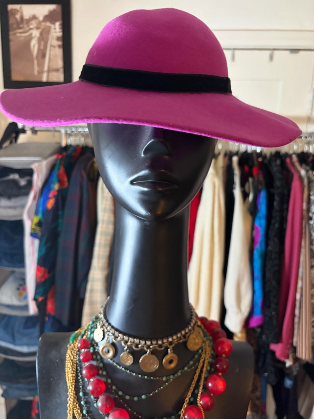 VTG 80s Liz Claiborne Fuchsia Pink Wool Wide Brim Hat Velvet Ribbon Band